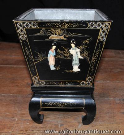 Chinese Black Lacquer Planter on Stand Chinoiserie
